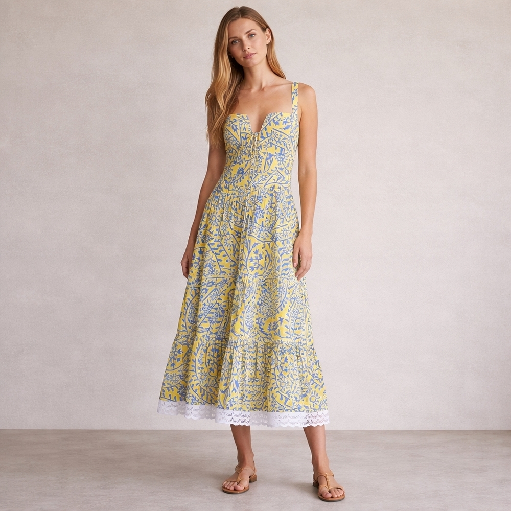 NEW Kleid for Her Floral Printed Midi Dress with Lace Hem Boho Party Wedding L